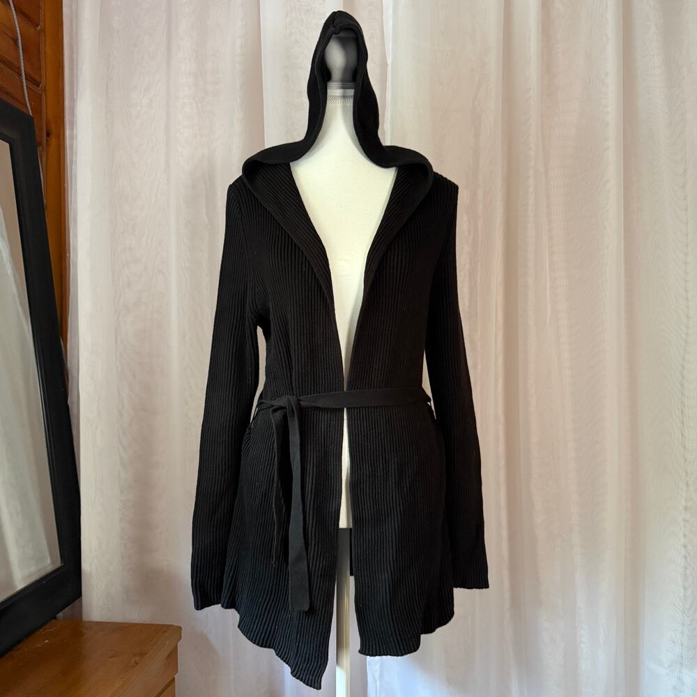 Witchy Black Ribbed Hooded Belted Cardigan Sz Medium Dark Academia Goth Fall